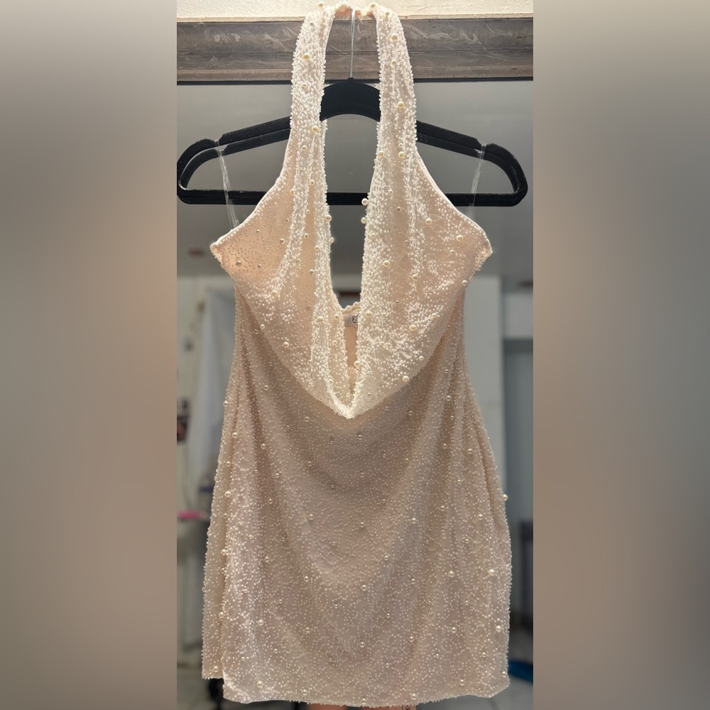 Oh Polly Versailles Deep Plunge Embellishes Mini Dress in White- beaded pearls